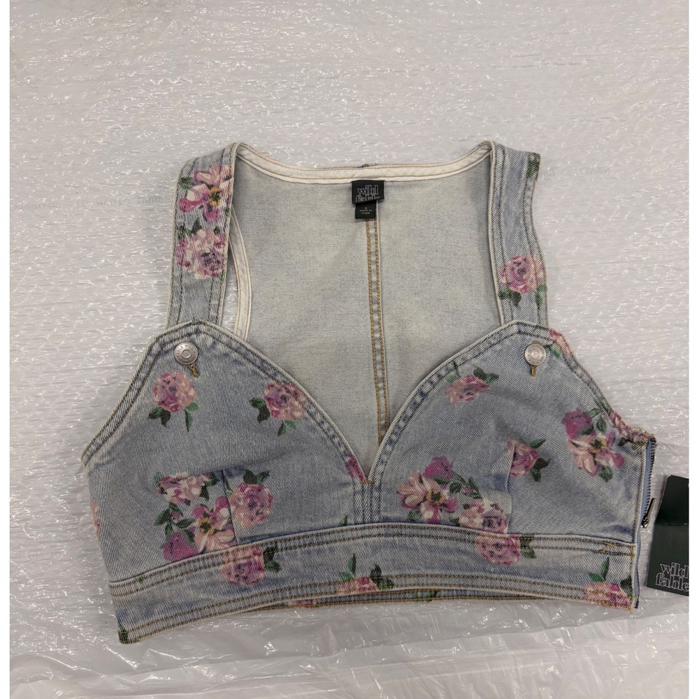 Wild Fable Floral Denim Corset Crop Top Light Wash Purple Pink Small NWT